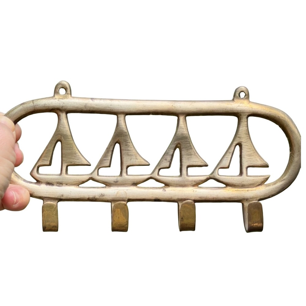 Key Hanger Wall Hooks 1970s Retro Solid Brass Sailboat Nautical Beach House Gold